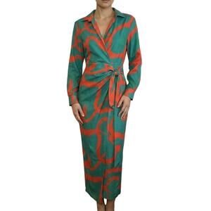 ChicMe Abstract Print Wrap Maxi Dress Teal Orange XL Long Sleeve Boho
